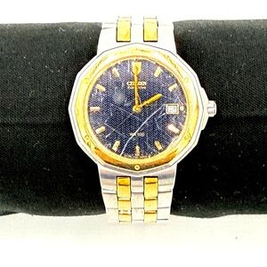 Men’s Citizens Echo-Drive Two Tone Blue Dial Watch With Day/Date A10-H21521